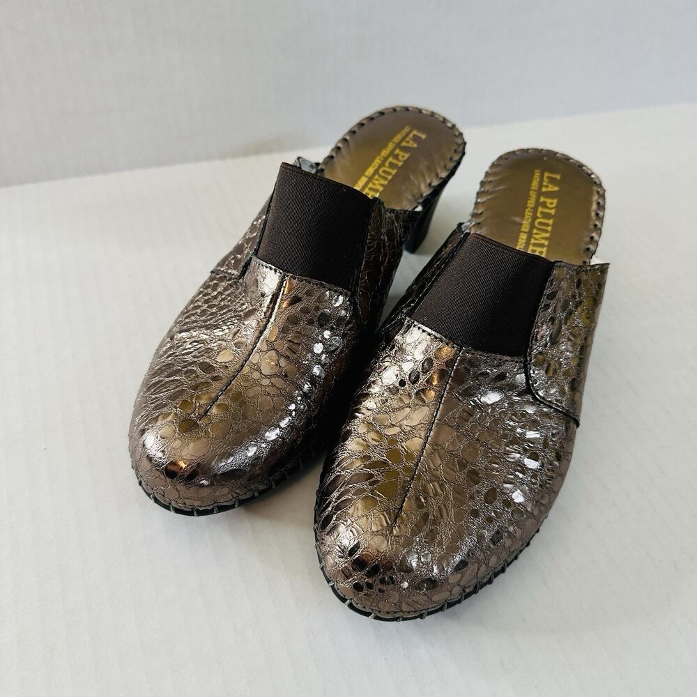 La Plume Women Leather Naomi Mule Pewter Steel Crocodile Clog Italy Sz 40 2.5” H